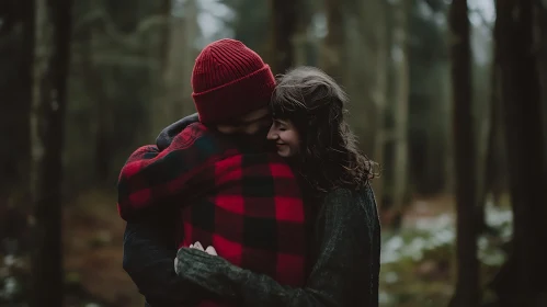 Couple's Affectionate Forest Moment