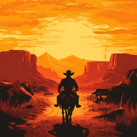 Western Cowboy Riding into Sunset