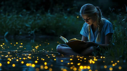 Woman Reading with Fireflies