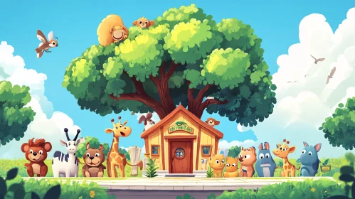 Whimsical Treehouse and Cute Animal Illustration