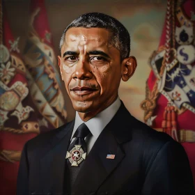 Barack Obama Portrait with Medal and Decorated Flags