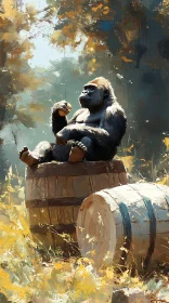 Serene Gorilla on Barrel in Forest