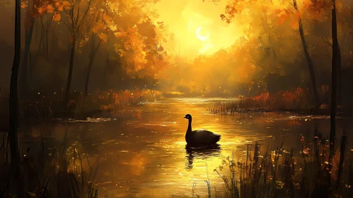Sunset Goose on Autumn Lake