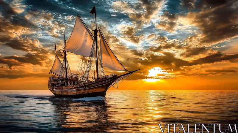 AI ART Ship at Sunset on the Open Sea