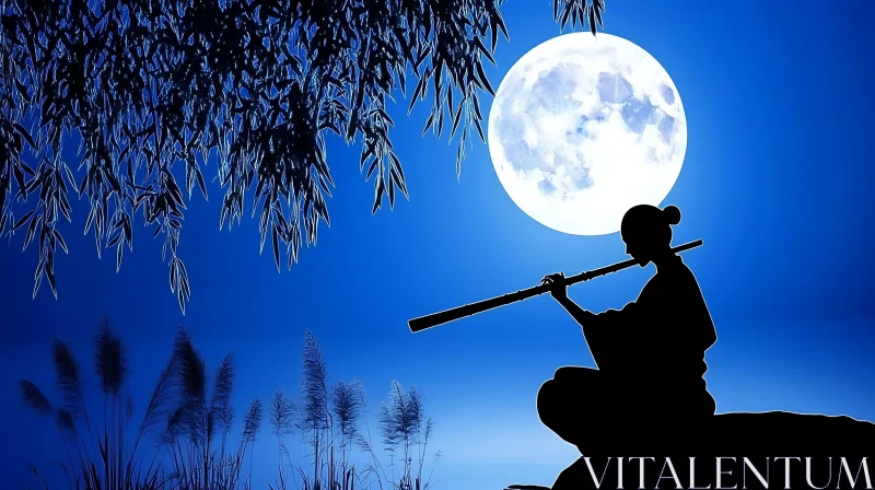 AI ART Silhouette Playing Flute Under Moonlight