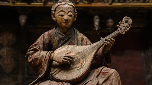 Carved Wood Musician with String Instrument