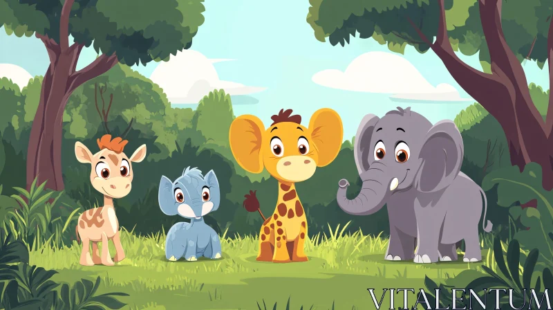 Cute Cartoon Jungle Scene with Animal Babies AI Image