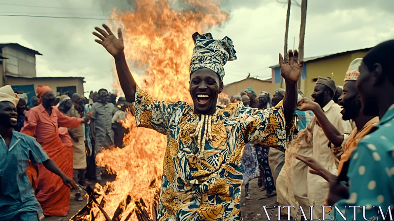 Traditional Village Festivity with Dancing and Fire AI Image