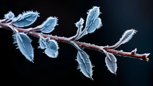 Frosted Tree Branch in Crimson and Azure - Winter Photography