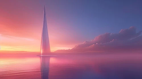 Futuristic Tower at Sunset in a Blue Lake | Minimalist Art