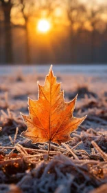Golden Sunrise Over a Frosty Autumn Leaf