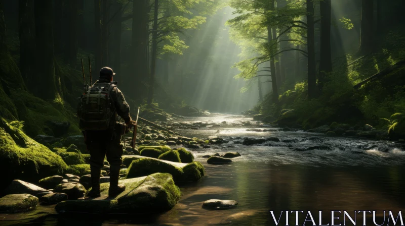 Intriguing Man with Gun by the River - A Captivating Nature Scene AI Image