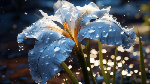 Iris Flower in Rain: A Photorealistic Still Life
