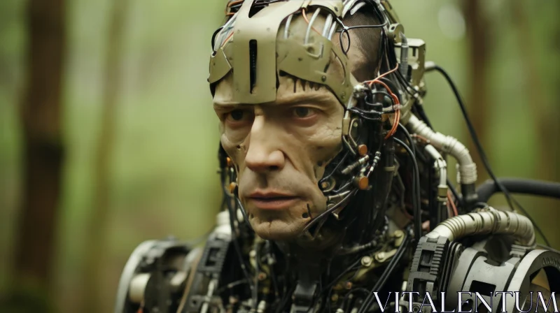Man with Robotic Head amidst Verdant Forest - Fusion of Nature and Technology AI Image