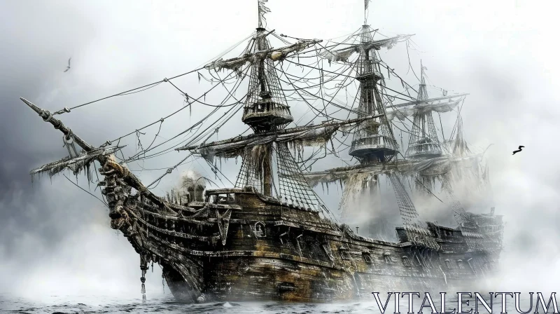 Mysterious Digital Painting of a Ghost Ship in a Stormy Sea AI Image