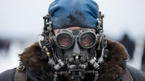 Steampunk Man in Gas Mask Amid Snowy Landscape