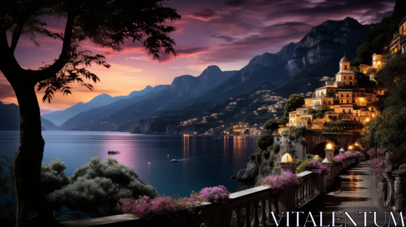 Sunset Village by the Lake: A Mediterranean Chiaroscuro Landscape AI Image