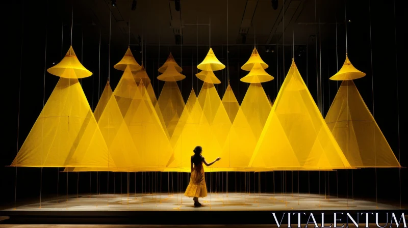 Yellow Pyramid Installation: Whimsical Silhouettes in Stage-like Environments AI Image