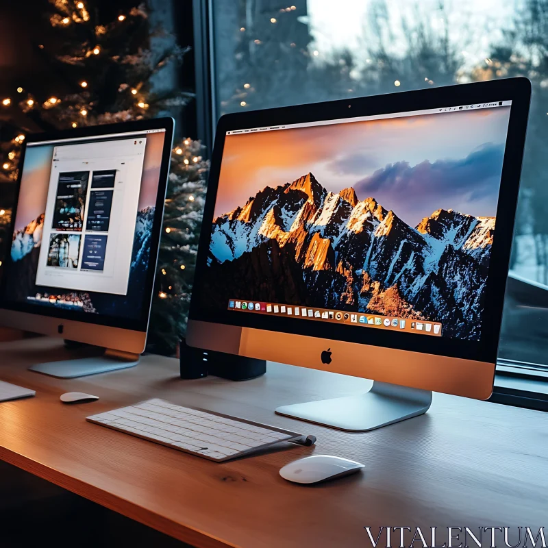 Contemporary Desk Setup with iMacs AI Image