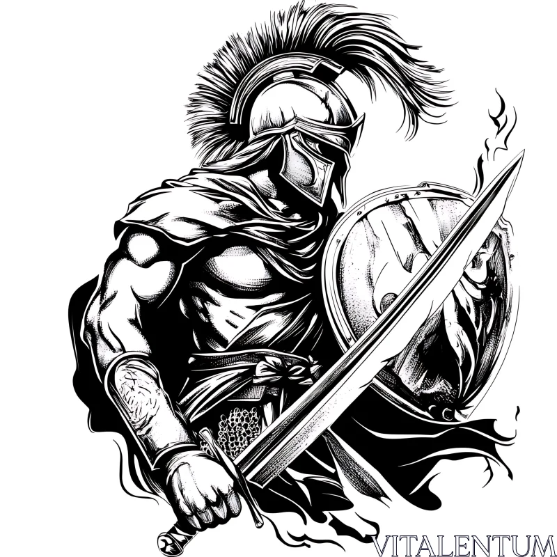 AI ART Monochrome Spartan Illustration with Sword