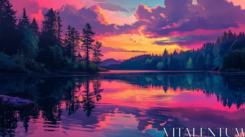 AI ART Vibrant Sunset Reflected in Calm Lake Waters