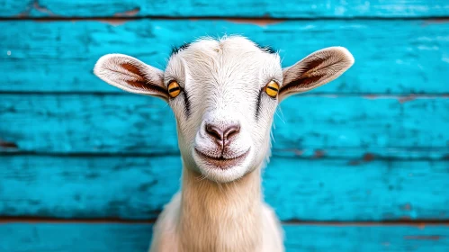 Goat with Golden Eyes and Blue Background