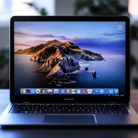 Serene Island Sunset on Laptop Screen at Desktop