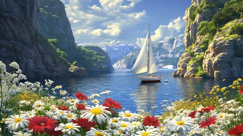 Scenic Sailboat and Mountain Floral Vista