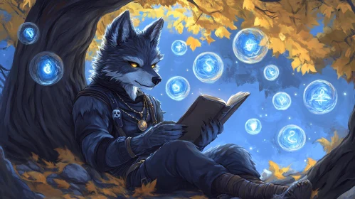 Mystical Wolf immersed in a book