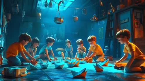 Kids Playing with Paper Boats