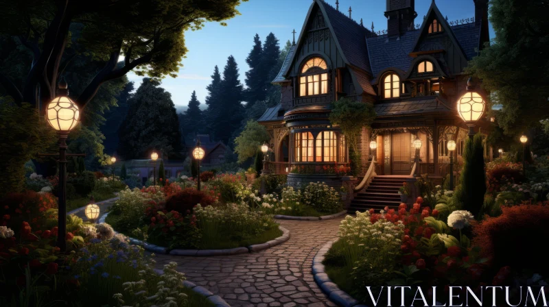 3D Gothic Revival Mansion in a Victorian Woodland Setting AI Image