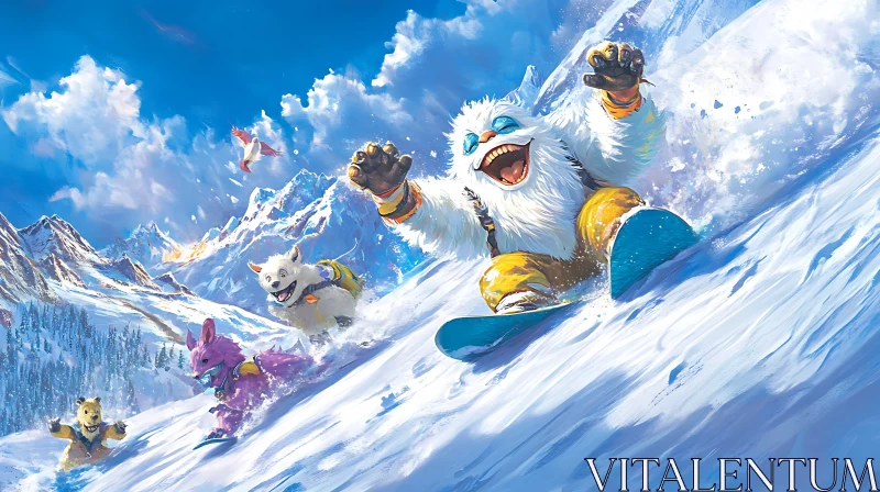 AI ART Snowboarding Yeti and Friends