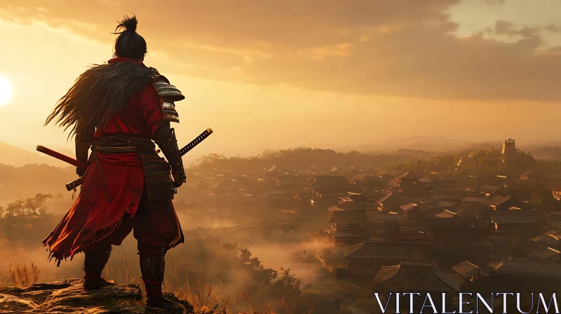 AI ART Lone Samurai Contemplating the Village