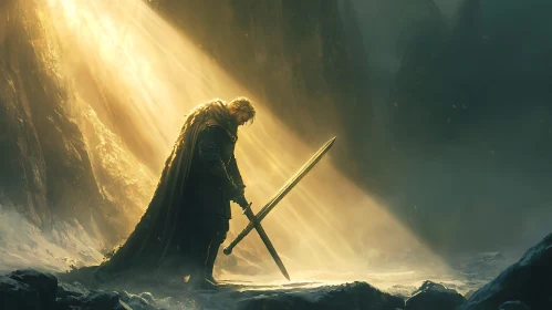Lone Warrior with Sword in Mountains