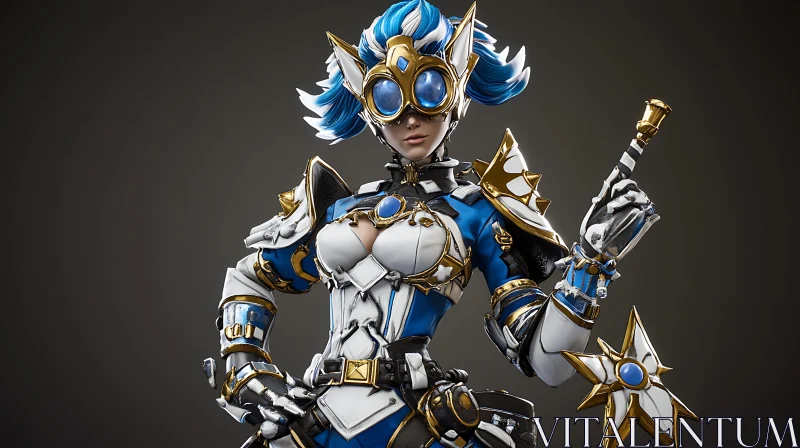 AI ART Armored Female Cyborg with Blue Accents