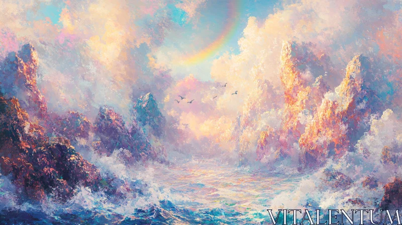 Coastal Cliffs and Rainbow Seascape AI Image