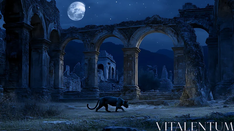 Moonlit Ruins and Shadowy Panther AI Image