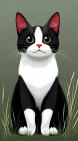 Illustrated Tuxedo Cat in Grass