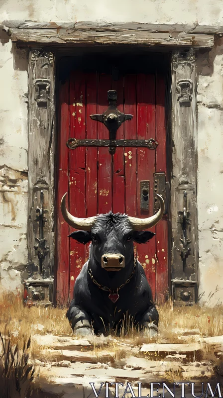 Resting Bull in Rustic Setting AI Image