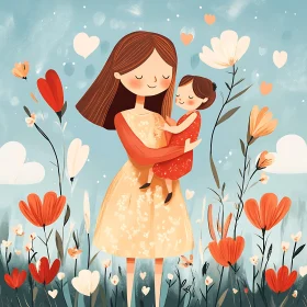 Loving Mother and Daughter in Floral Meadow