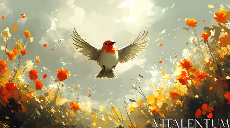 Bird Amidst Flowers and Sunlight AI Image