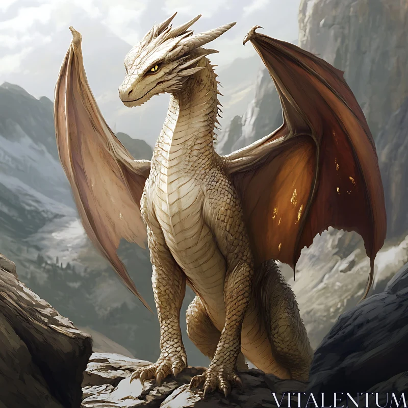 AI ART Ivory Dragon Overlooking Misty Mountains