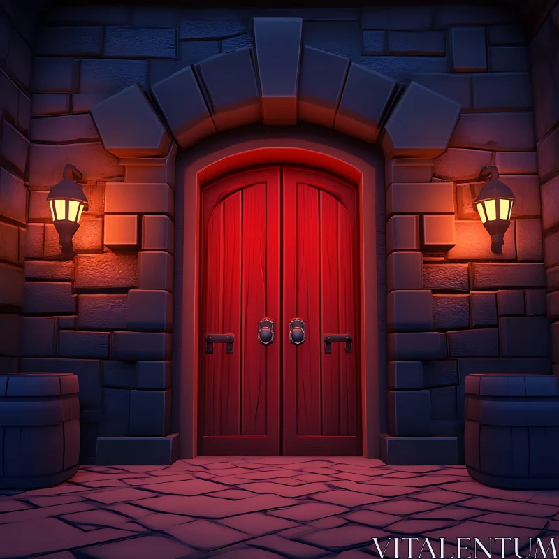 Mysterious Red Doorway with Lanterns AI Image