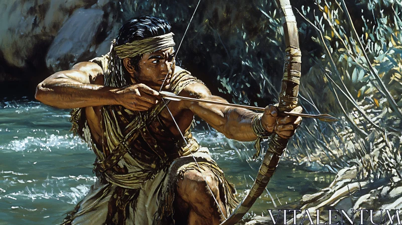 Man with Bow Near River AI Image