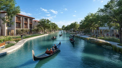 Urban Canal with Gondolas and Modern Architecture