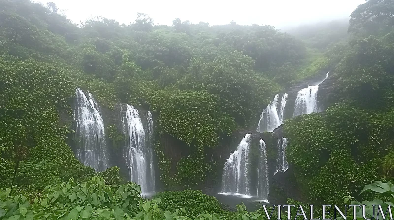 Misty Forest with Cascading Waterfalls AI Image