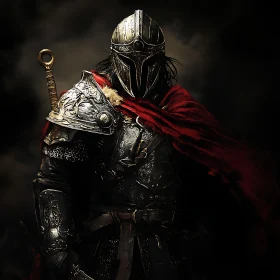 Warrior in Dark Armor with Red Cape