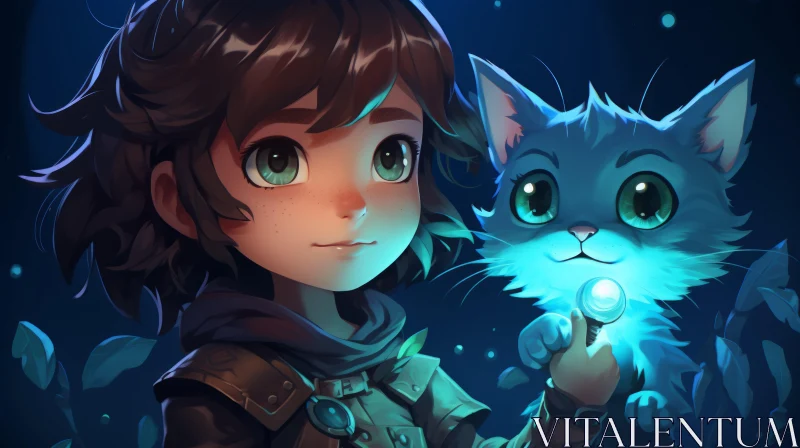 Anime Art: Boy with Blue Eyes and Cat in Fantasy Setting AI Image