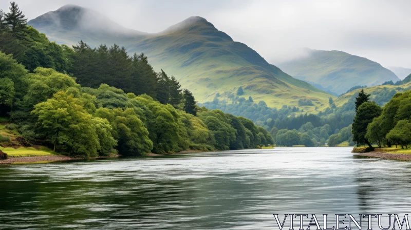 Atmospheric Landscape of Mountain and River in Scottish Highlands AI Image