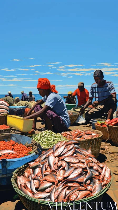 Captivating Paintings of Men with Fish in Baskets | Coastal Scenery AI Image